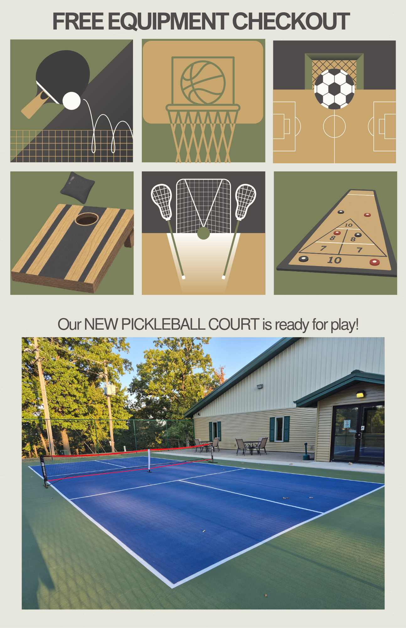 free equipment checkout - new pickleball court